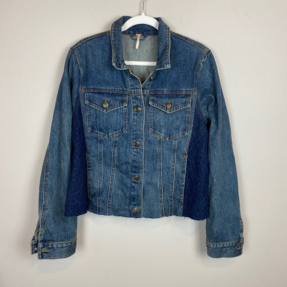 Free People Denim Jacket Lace Side Panel - Size Large - Picture 1 of 5